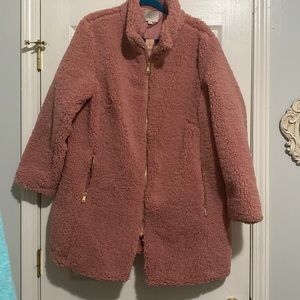BNWT sz 20 Loft pink Sherpa / Poodle funnel neck coat with gold zippers.